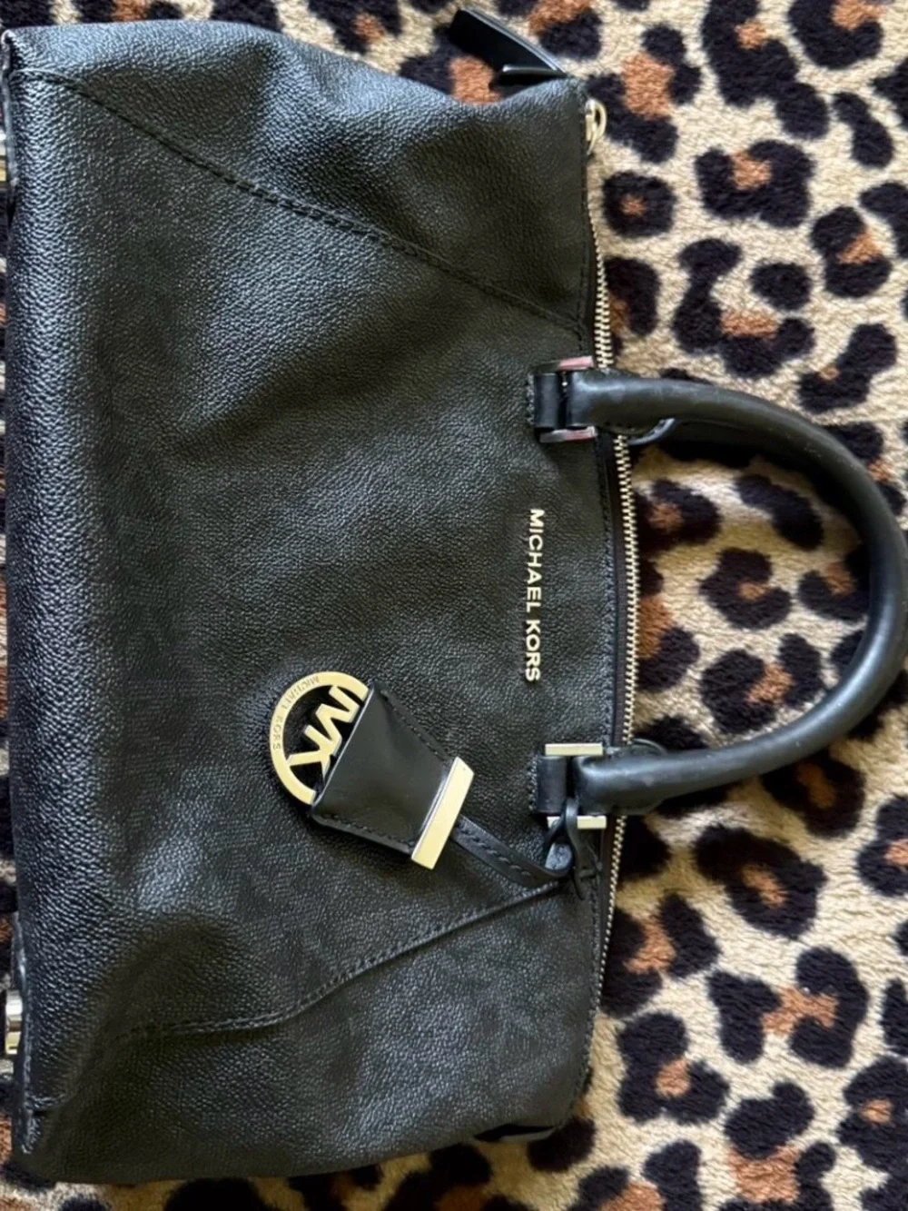 Michael Kors Black Leather Tote Satchel with Gold Accent